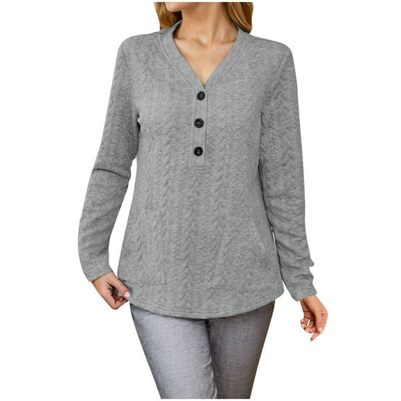 Uootdi Plus Size Long Sleeve Henley Shirts for Women V Neck Gift Button Down Ribbed Knit Tunic Tops Fall Winter Pullover Top