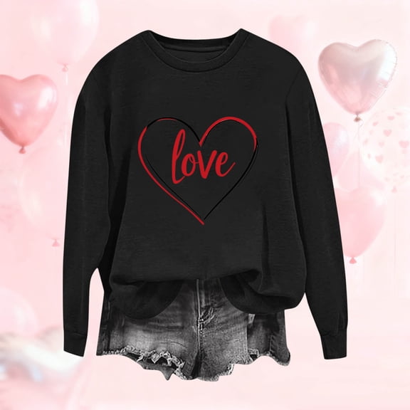 Uootdi Plus Size Valentines Day Clothes for Women Love Heart Print Crewneck Long Sleeve Sweatshirt Casual Loose Cute Pullover Tops Gift