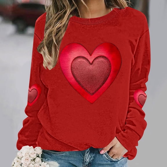 Uootdi Plus Size Valentines Day Clothes for Women Love Heart Print Crewneck Long Sleeve Sweatshirt Casual Loose Cute Pullover Tops Gift