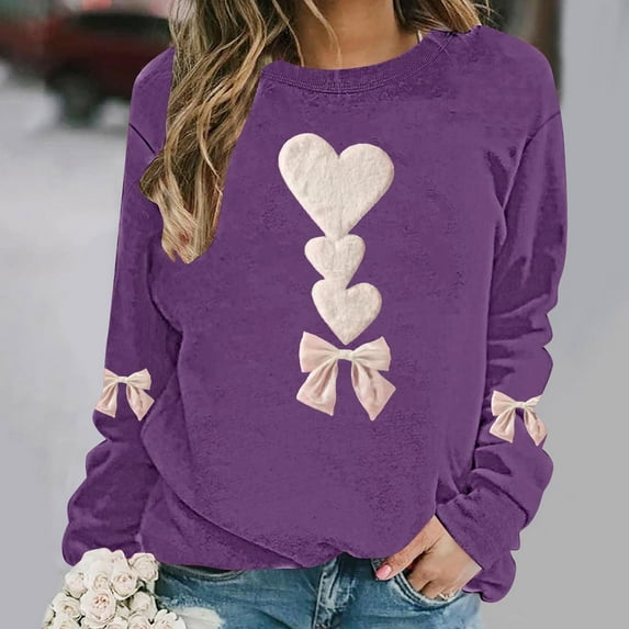 Uootdi Plus Size Valentines Day Clothes for Women Love Heart Print Crewneck Long Sleeve Sweatshirt Casual Loose Cute Pullover Tops Gift