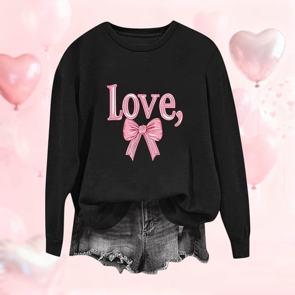 Uootdi Plus Size Valentines Day Clothes for Women Love Heart Print Crewneck Long Sleeve Sweatshirt Casual Loose Cute Pullover Tops Gift