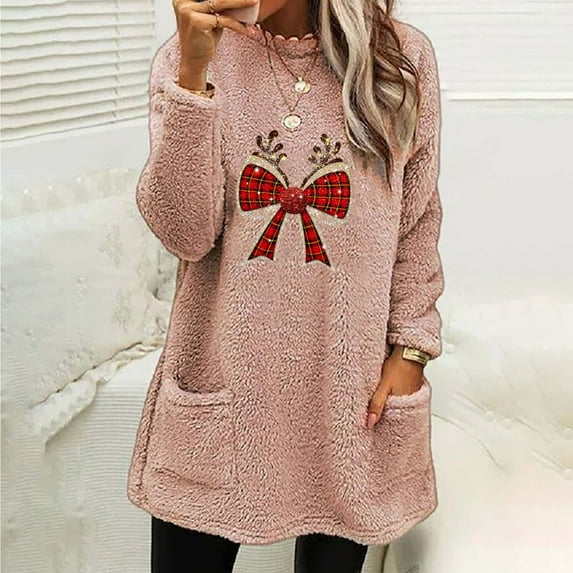Uootdi Plus Size Womens Fleece Gift Lined Long Sleeve Sweatshirt Sherpa Fuzzy Sweater Print Tops Print Tops Warm Winte r Clothes