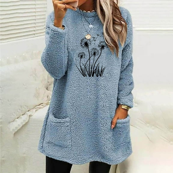 Uootdi Plus Size Womens Fleece Lined Long Sleeve Sweatshirt Sherpa Fuzzy Sweater Print Tops Dandelion Gift Print Tops Warm Winte r Clothes