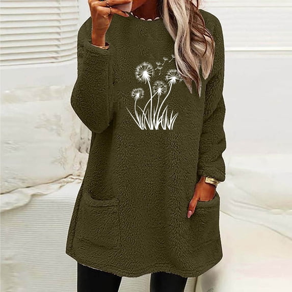 Uootdi Plus Size Womens Fleece Lined Long Sleeve Sweatshirt Sherpa Fuzzy Sweater Print Tops Dandelion Gift Print Tops Warm Winte r Clothes