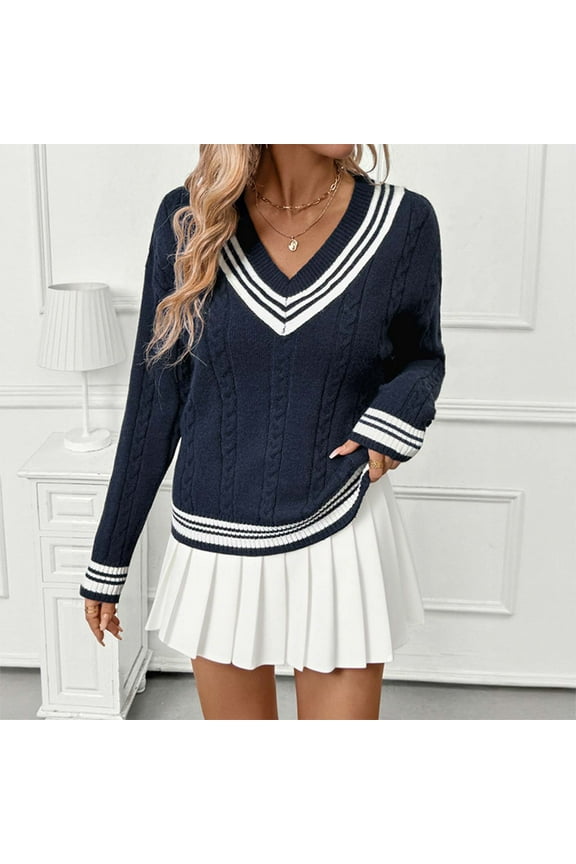 Preppy Sweaters for Women Long Sleeve Tops for Women V Gift Neck Striped Twisted Sweater Trendy Cable Knit