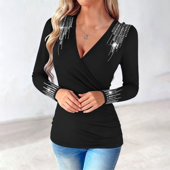 Uootdi Rhinestone Long Sleeve Shirts for Women Wrap V Neck Ruched Slim Fit Sparkly Top Fallc Elegant Comfy Going Out Blouses Gift