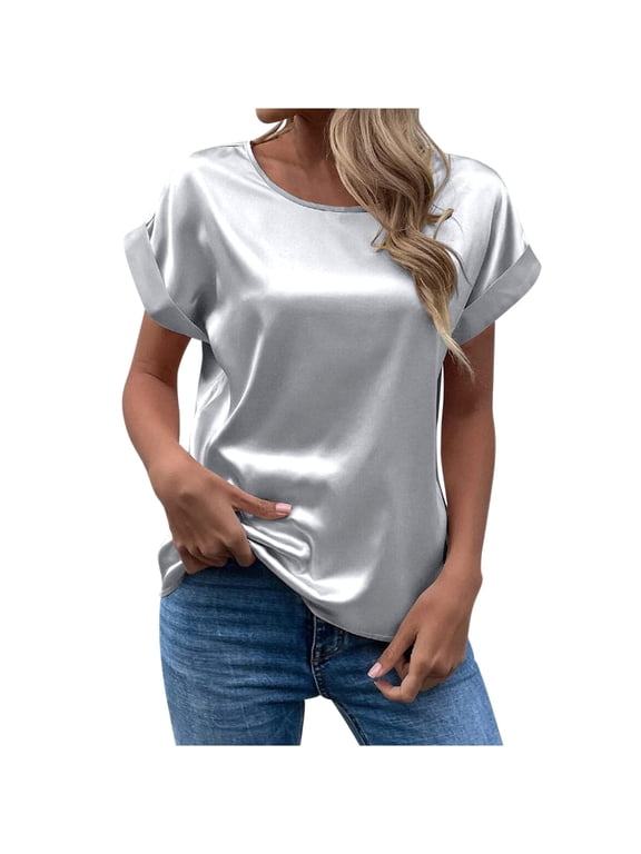 Satin Blouses for Women Crew Neck Cuffed Cap Short Sleeve Tops for Women Regular Fit Smooth Relaxed Cut Curved Hem Tops for Women