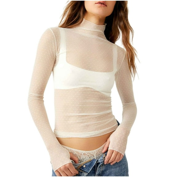 Uootdi Sheer Mesh Long Sleeve Shirt for Women Layering Top for Women Mock Neck Floral Lace Tshirt See Through Gift Tee Shirt