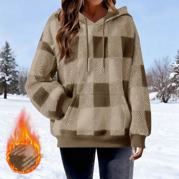 Uootdi Sherpa Fleece Sweatshirt for Gift Women Drawstring Hooded Long Sleeve Pullover Fall Winter Fleece Sweatshirts Jacket Coat with Pockets