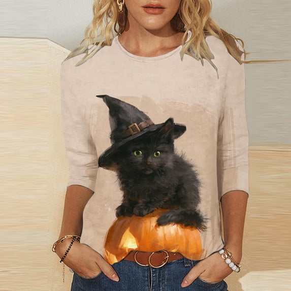 Uootdi Shirts for Women Round Neck Three Quarter Black Cat Witch Hat Pumpkin Oil Painting Print Halloween Shirts for Women Loose Fit Cute Holiday Womens Tops