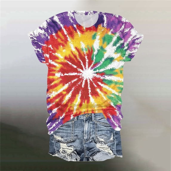 Uootdi Short Sleeve Tops for Women Crew Neck Tie Dye Pattern Tees Daily Relaxed Blouses Gift