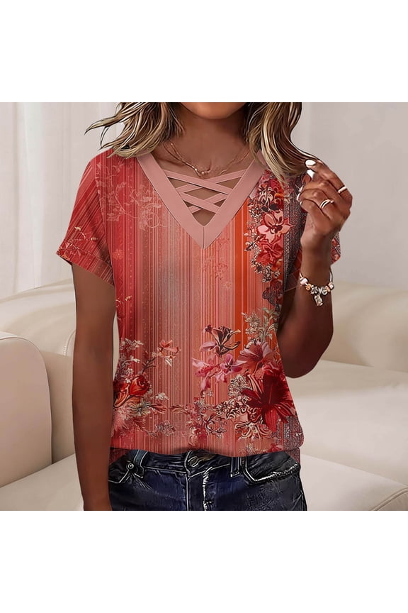 Short Sleeve Tops for Women V Neck Criss Cross Front Floral Pattern Tees Daily Relaxed Fit Blouses Gift