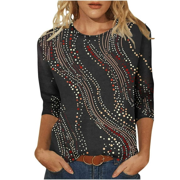 Uootdi Sleeves Trendy Casual Shirt Abstract Pattern Tee for Daily Wear Office Outfits Multi Color Options Dark Gray Womens Tops