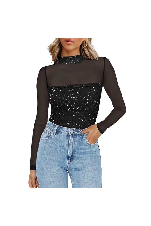 Sparkly Sequin Tops for Women Mock Neck Long Sleeve Shirts Patchwork Mesh Sheer See Through Party Top Gift