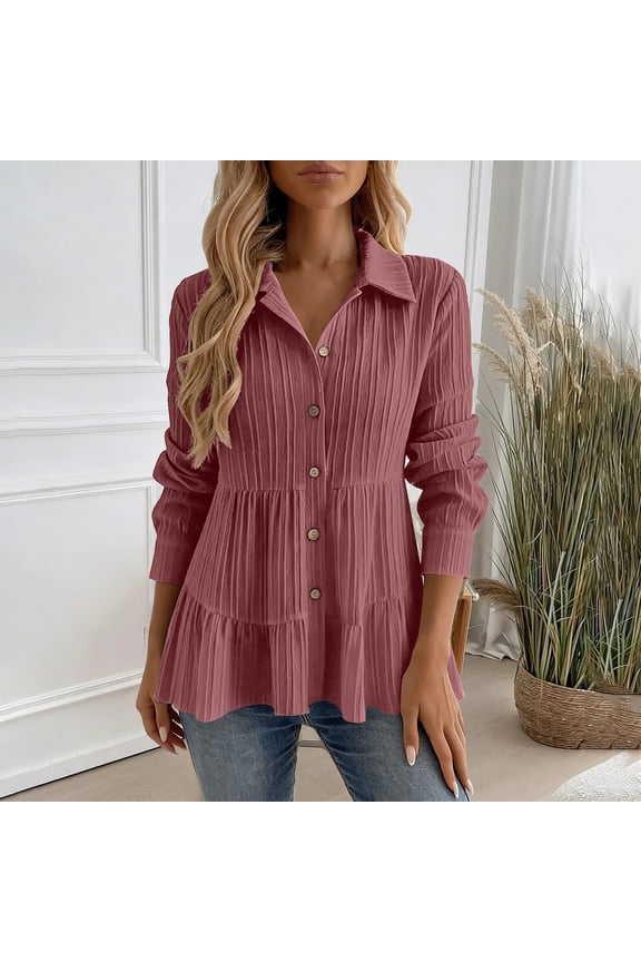 Spring Summer Long Sleeve Shirts for Women V-Neck Button Down Collared Top Blouse Dressy Casual Loose fit Shirts Textured Tops Gift
