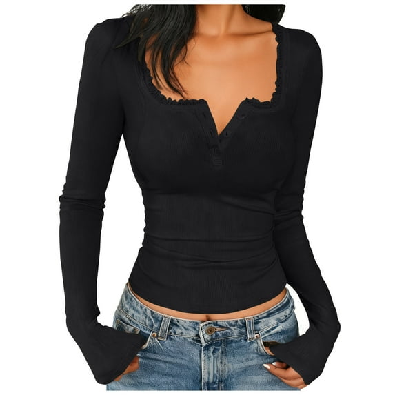 Uootdi Square Neck Long Sleeve Shirts for Women Cropped Y2K Gothic Aesthetic Fairy T Shirts Vintage Tee Fall Clothes Gift