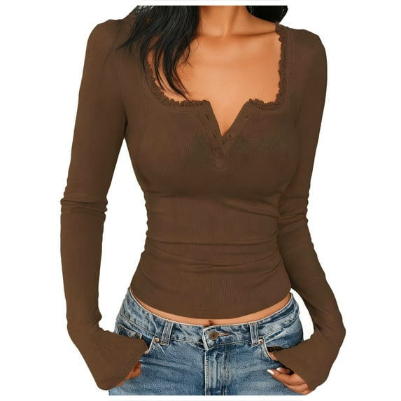 Uootdi Square Neck Long Sleeve Shirts for Women Cropped Y2K Gothic Aesthetic Fairy T Shirts Vintage Tee Fall Clothes Gift