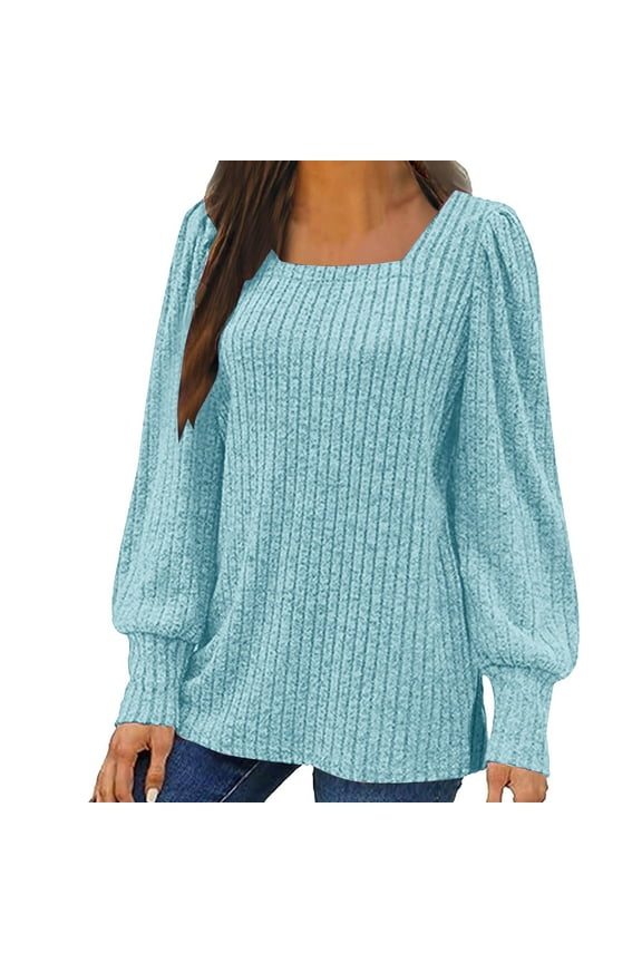 Square Neck Puff Long Sleeve Shirts for Women Side Split Ribbed Knit Lightweight Sweaters Trendy Casual Tops Gift