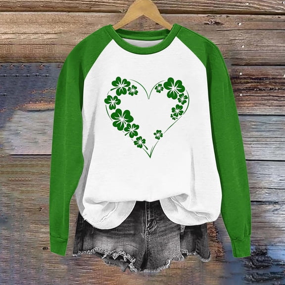 Uootdi St Patrick's Day Long Sleeve Shirts for Women Irish Clover Leaf Tunic Raglan Crewneck Tops Lucky Shamrock Casual Dressy Blouses Gift