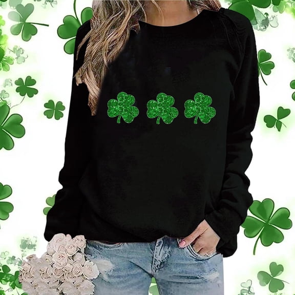 Uootdi St. Patrick's Day Sweatshirt for Women Crewneck Cute Shamrock Graphic Long Sleeve Shirts for Women Lucky Leaf Irish Shamrock Pullover Shirts Tops Gift