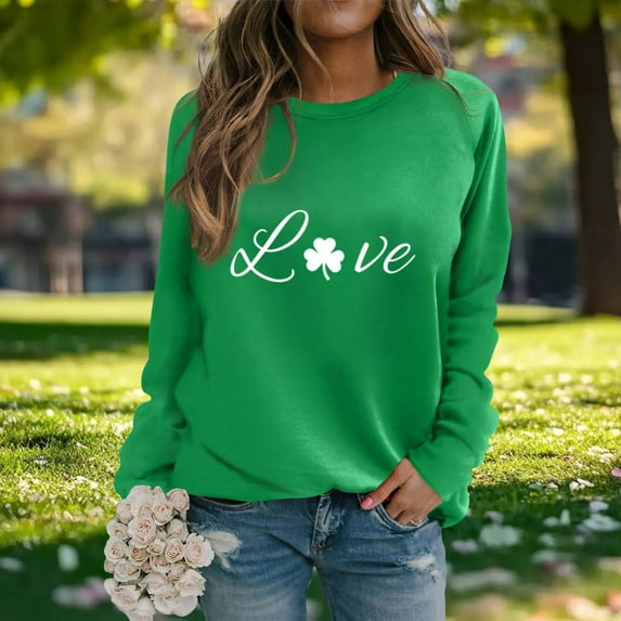 Uootdi St. Patrick's Day Sweatshirt for Women Crewneck Cute Shamrock Graphic Long Sleeve Shirts for Women Lucky Leaf Irish Shamrock Pullover Shirts Tops Gift