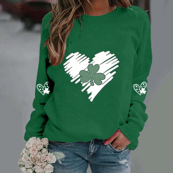 Uootdi St. Patrick's Day Sweatshirt for Women Crewneck Cute Shamrock Graphic Long Sleeve Shirts for Women Lucky Leaf Irish Shamrock Pullover Shirts Tops Gift