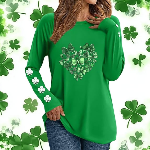 Uootdi St. Patrick's Day Sweatshirt for Women Irish Shamrock Round Neck Pullover Long Sleeve Shirts Leaf Clover Raglan Tops Gift