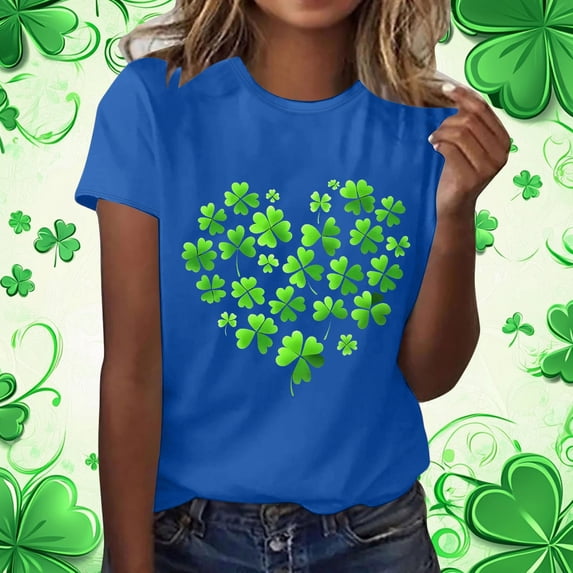 Uootdi St Patrick's Day Tees for Women Short Sleeve Crewneck Heart Shamrock Print Holiday Parades Casual Blouses Shirts Tops Gift