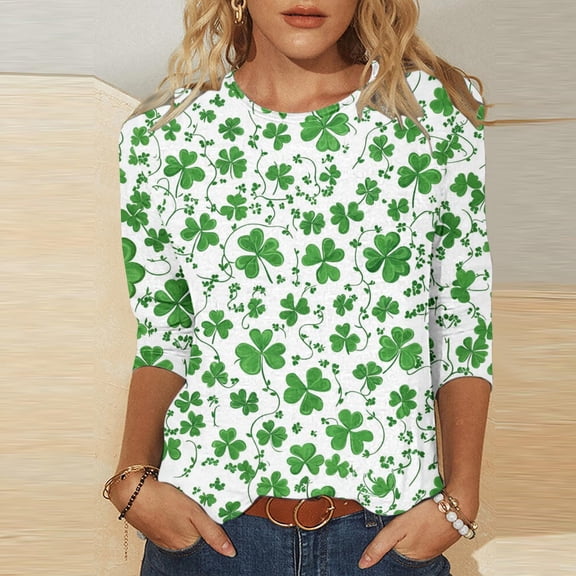 Uootdi St Patricks Day 3/4 Length Sleeve Shirts for Women Casual Plus Size Crew Neck Irish Clover Tops Funny Saint Patrick's Tunic Holiday T-Shirts Gift