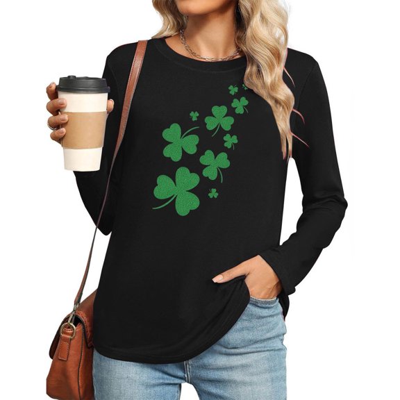Uootdi St Patricks Day Long Sleeve Shirts for Women Retro Lucky Clover Tshirt Irish Shamrock Graphic Tee Tops Gift