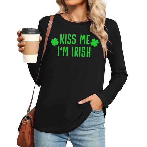 Uootdi St Patricks Day Long Sleeve Shirts for Women Retro Lucky Clover Tshirt Irish Shamrock Graphic Tee Tops Gift