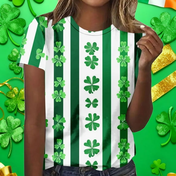 Uootdi St Patricks Day Shirt Women Crewneck Pullover Tees Funny Clover Print Short Sleeve Tops Lucky Irish Shamrock T Shirts Gift