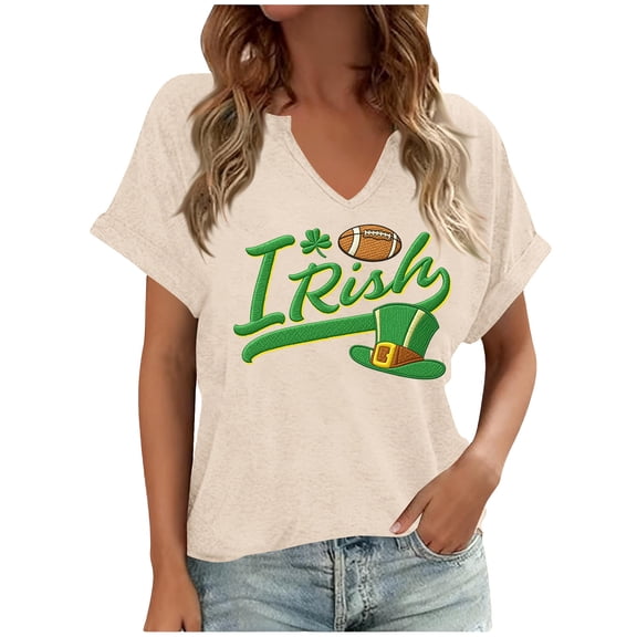 Uootdi St Patricks Day T Shirts for Women Cute V-Neck Short Sleeve Festival Gift Tops Lucky Irish Shamrock Clover Print Graphic Short Sleeve Tees Gift