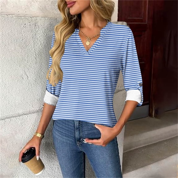 Uootdi Striped 3/4 Sleeve Shirt for Women Roll Up Sleeve Color Gift Block Basic Tee Dressy Casual Fall Blouses V Neck Knit