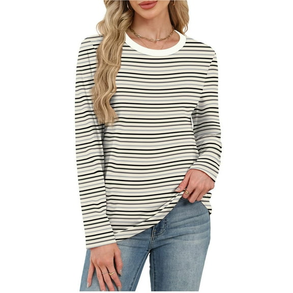 Uootdi Striped Long Sleeve Shirts for Women Crew Neck Color Block Basic Tops Casual Loose Fit Comfy Tee Blouses Gift