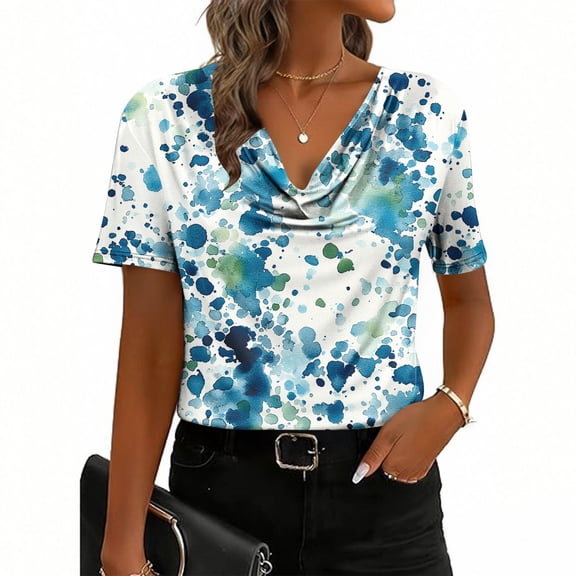Uootdi Summer Boho Tops for Women Floral Print Trendy Cowl Neck Short Sleeve Shirts Hawaiian Blouse Beach Vacation Outfits Gift