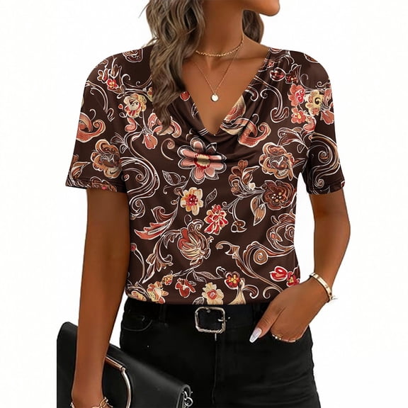 Uootdi Summer Boho Tops for Women Floral Print Trendy Cowl Neck Short Sleeve Shirts Hawaiian Blouse Beach Vacation Outfits Gift