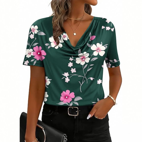 Uootdi Summer Boho Tops for Women Floral Print Trendy Cowl Neck Short Sleeve Shirts Hawaiian Blouse Beach Vacation Outfits Gift