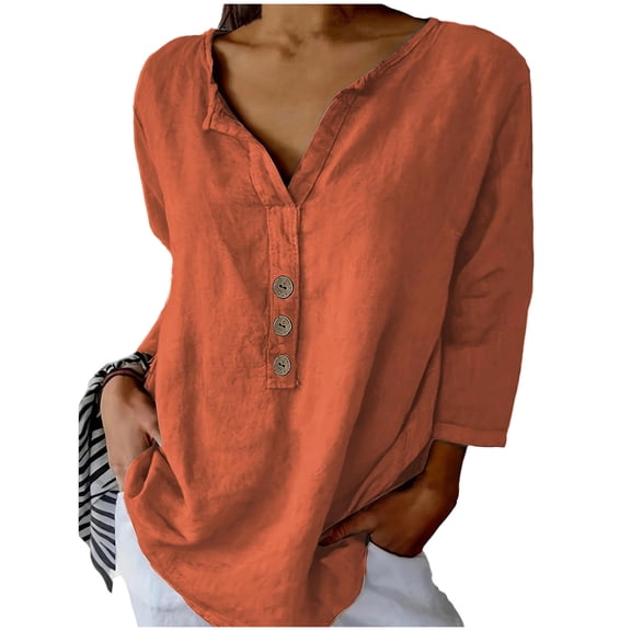 Uootdi Summer Linen Shirts for Women V Neck Henley Button Down 3/4 Sleeve T-Shirt Blouse Casual Loose Fit Basic Solid Color Tunic Tops Gift
