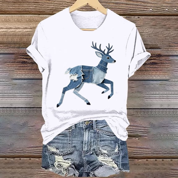 Uootdi Summer Short Sleeve Shirts for Women Crewneck Cute Animal Denim Patchwork Printed Tshirts Fall Fashion Casual Trendy Basic Tops Gift