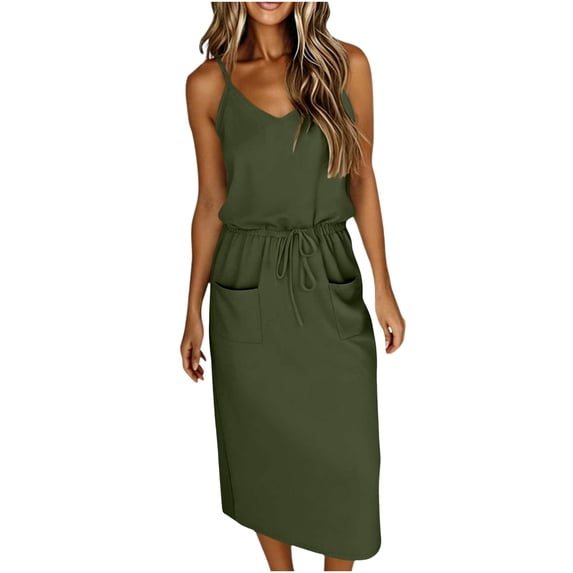 Uootdi Sundresses for Women Spaghetti Strap V Neck Drawstring Dresses Relaxed Fit Pocket Midi Dresses Daily Gift