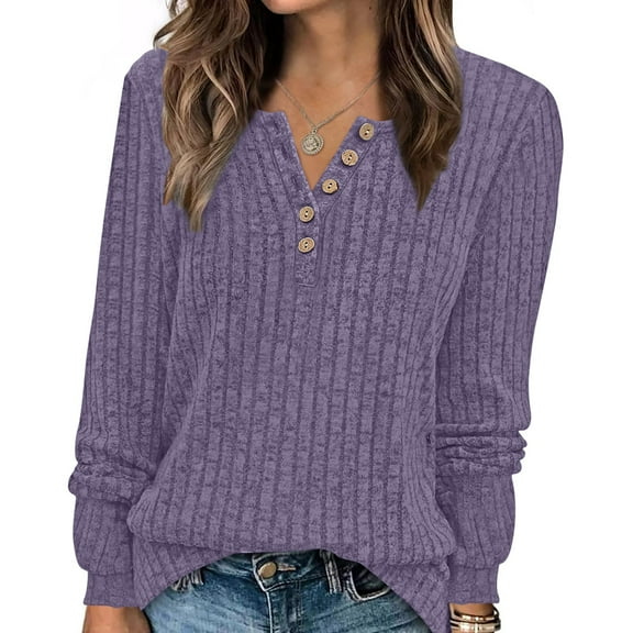 Uootdi Sweater for Women Henley V Neck Button Down Long Sleeve Shirts Fall Casual Loose Tunic Thermal Tops Outfits Gift Trendy