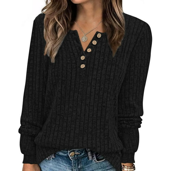 Uootdi Sweater for Women Henley V Neck Button Down Long Sleeve Shirts Fall Casual Loose Tunic Thermal Tops Outfits Gift Trendy