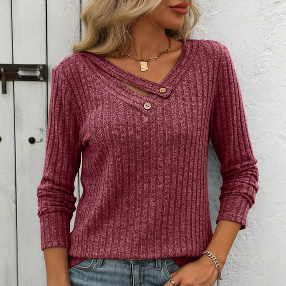 Uootdi Sweaters for Women Button V Neck Solid Color Long Sleeve Shirts for Women Fall Dressy Casual Basic Gift Sweaters Tops