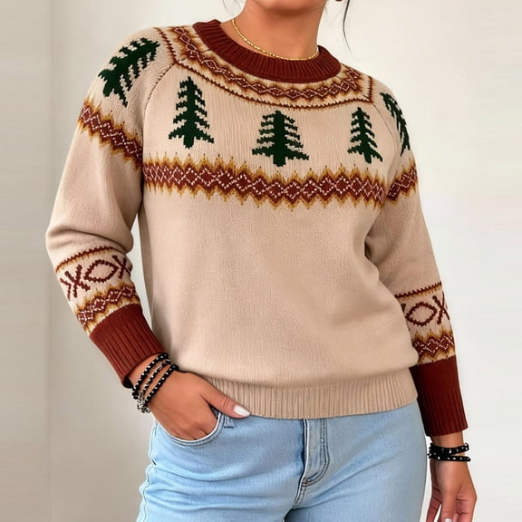 Uootdi Sweaters for Women Crewneck Colorblock Long Sleeve Warm Knit Pullover Classic Winter Loose Casual Knit Sweater Gift