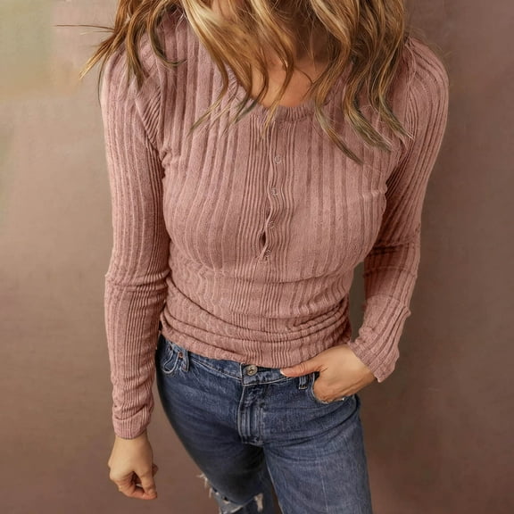 Uootdi Sweaters for Women Retro Button Up Gift Crew Neck Tunic Henley Long Sleeve Shirts Casual Dressy Warm Slim Fit Knit Cute
