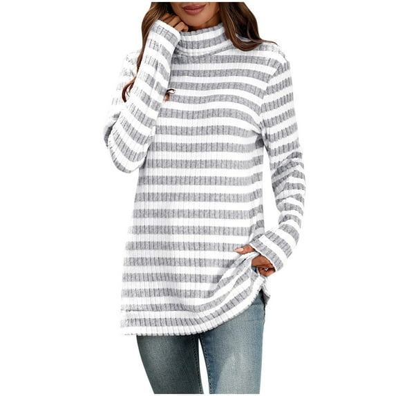 Uootdi Sweaters for Women Turtleneck Striped Color Block Long Sleeve Sweater Ribbed Knit Gift Tunic Tops for Women Trendy
