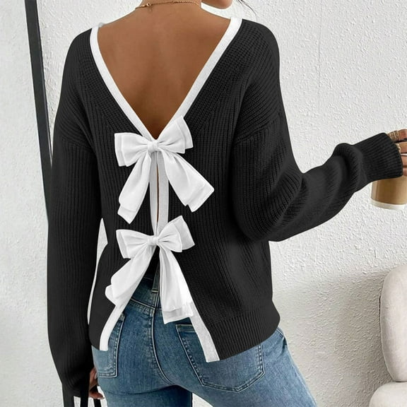 Uootdi Sweaters for Women V Neck Long Sleeve Backless Bow Sweater Lightweight Chunky Knit Pullover Sweater Tops Gift