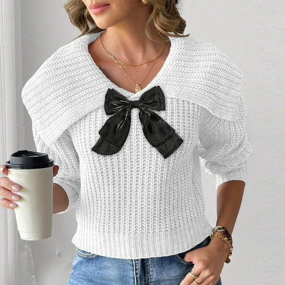 Uootdi Sweaters for Women V-Neck Long Sleeve Bow Chunky Knit Solid Gift Color Sweater Pullover Tops Sweater for Women Versatile J umper