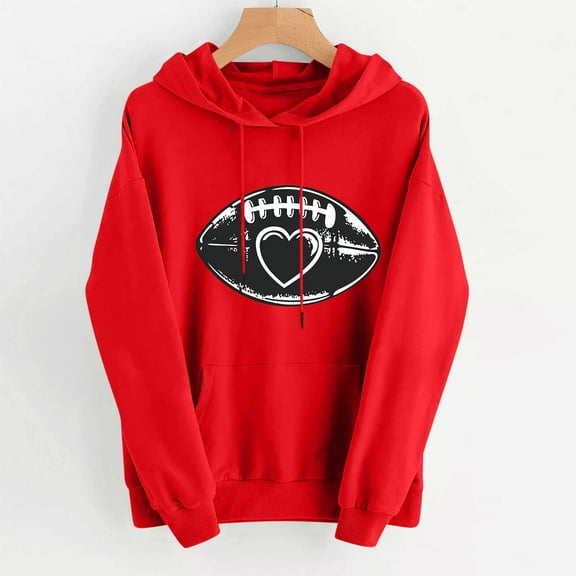 Uootdi Sweatshirt for Women Game Day Hooded Drawstring Football Sweatshirt Long Sleeve Tops with Pocket Y2K Hoodies Gift